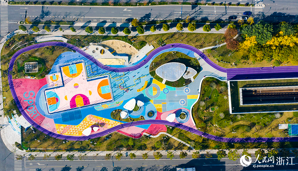 空中俯瞰杭州市臨平區喬司街道豐彩運動公園。人民網 章勇濤攝