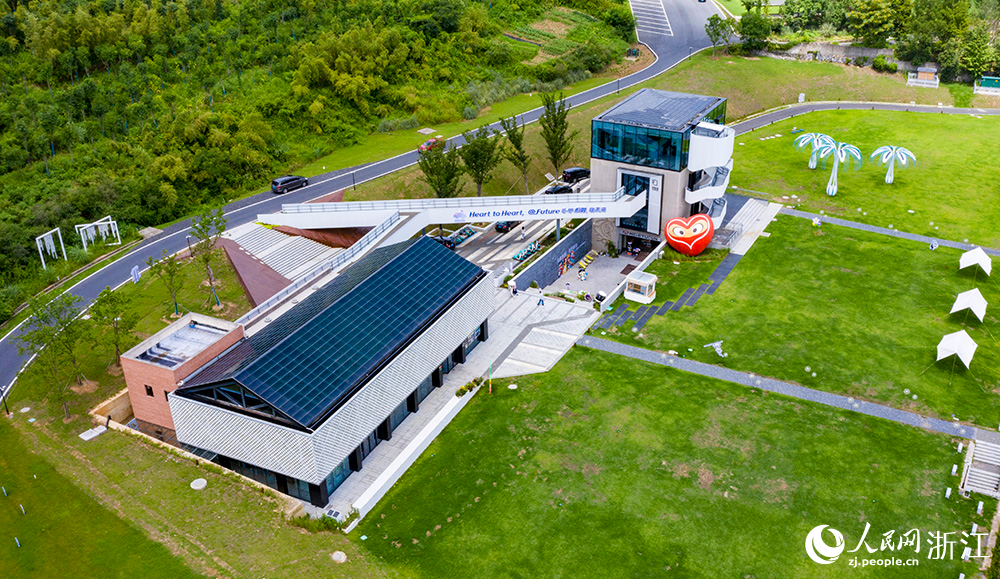 俯瞰天荒坪鎮“余村印象”，該項目與田園、民居、道路、青山交相輝映，構成一幅美麗的鄉村田園畫卷。人民網 章勇濤攝