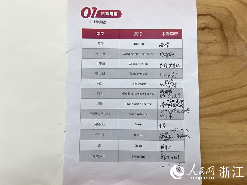 手冊上的每個英文單詞、每句英語對話旁邊，都有俞翠英用漢字標注的發音。人民網 方彭依夢攝