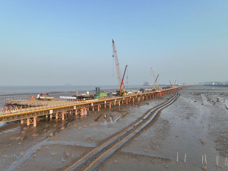 杭甬復線寧波三期海域棧橋施工現場。郭若聞攝