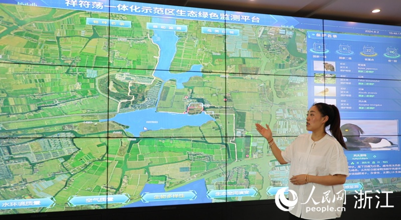嘉興市生態環境局嘉善分局相關負責人正在介紹祥符蕩一體化示范區生態綠色監測平臺。人民網 方彭依夢攝