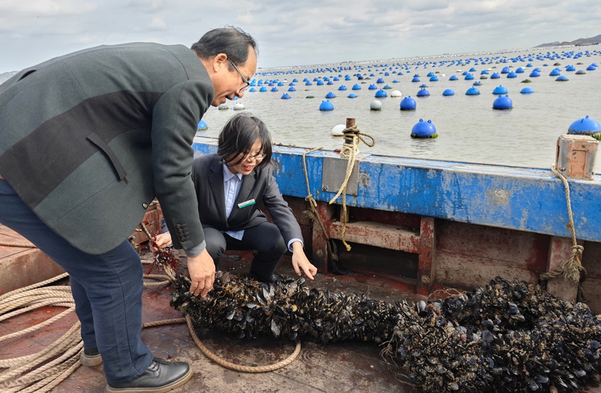 農行舟山分行走訪養殖戶，了解資金情況。浙江農行供圖