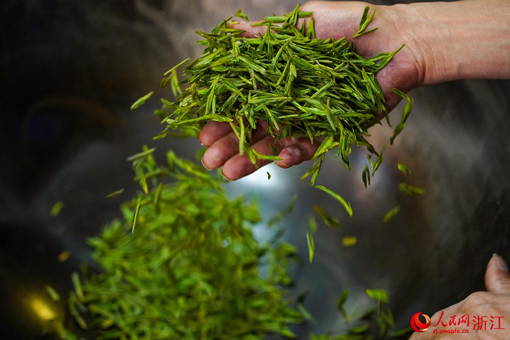 杭州市西湖區轉塘街道桐塢村，國家級非物質文化遺產代表性項目“西湖龍井采摘和制作技藝”傳承人樊生華在炒制茶葉。人民網 章勇濤攝