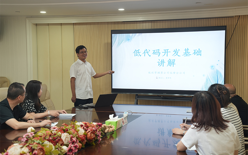 數字化骨干面向員工普及講解低代碼技術。臨安煙草供圖