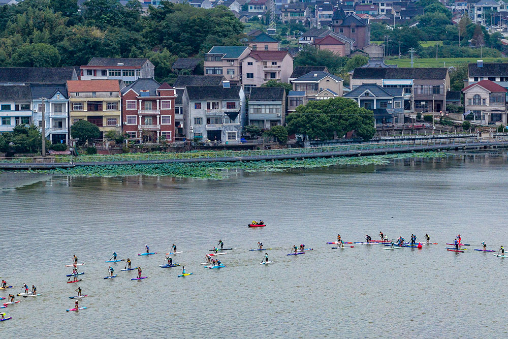 9月21日，在浙江省慈溪市觀海衛鎮，一塊塊色彩斑斕的槳板與鄉村的白墻黛瓦、遠山碧水交織成一幅動感十足的現代風景畫。人民網 章勇濤攝